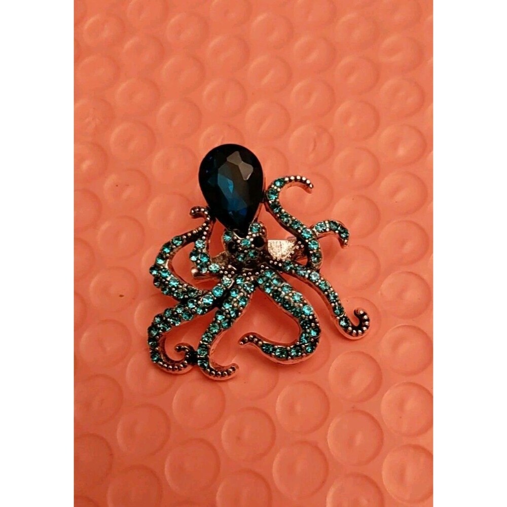 Silver Tone With Blue Rhinestones Sea Life Octopus Pendant Brooch/ Pin